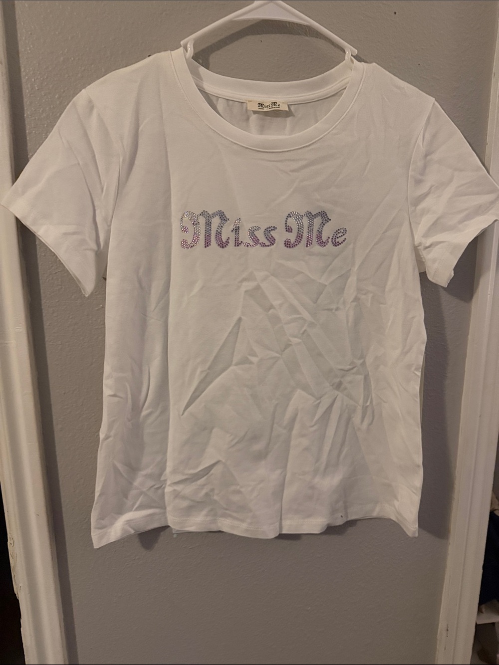 Miss Me White Tee with Purple Rhinestone Logo
